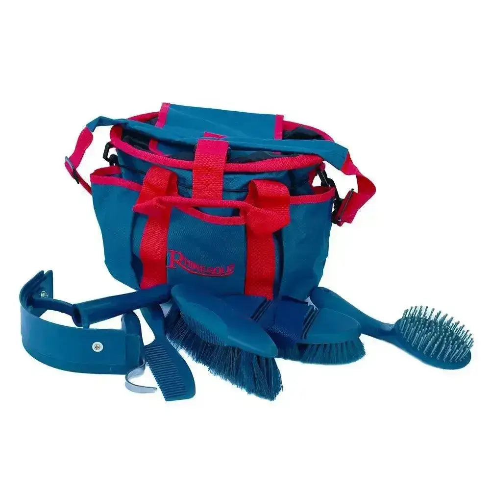 Blue and red rhinegold complete soft touch grooming kit with multiple brushes comb and halter strap in a bag