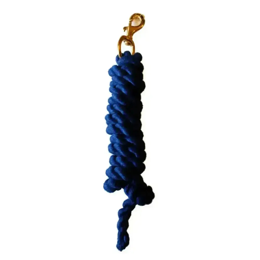 Deep blue rhinegold cotton lead keychain with braided rope and gold toned metal clasp for everyday lead ropes