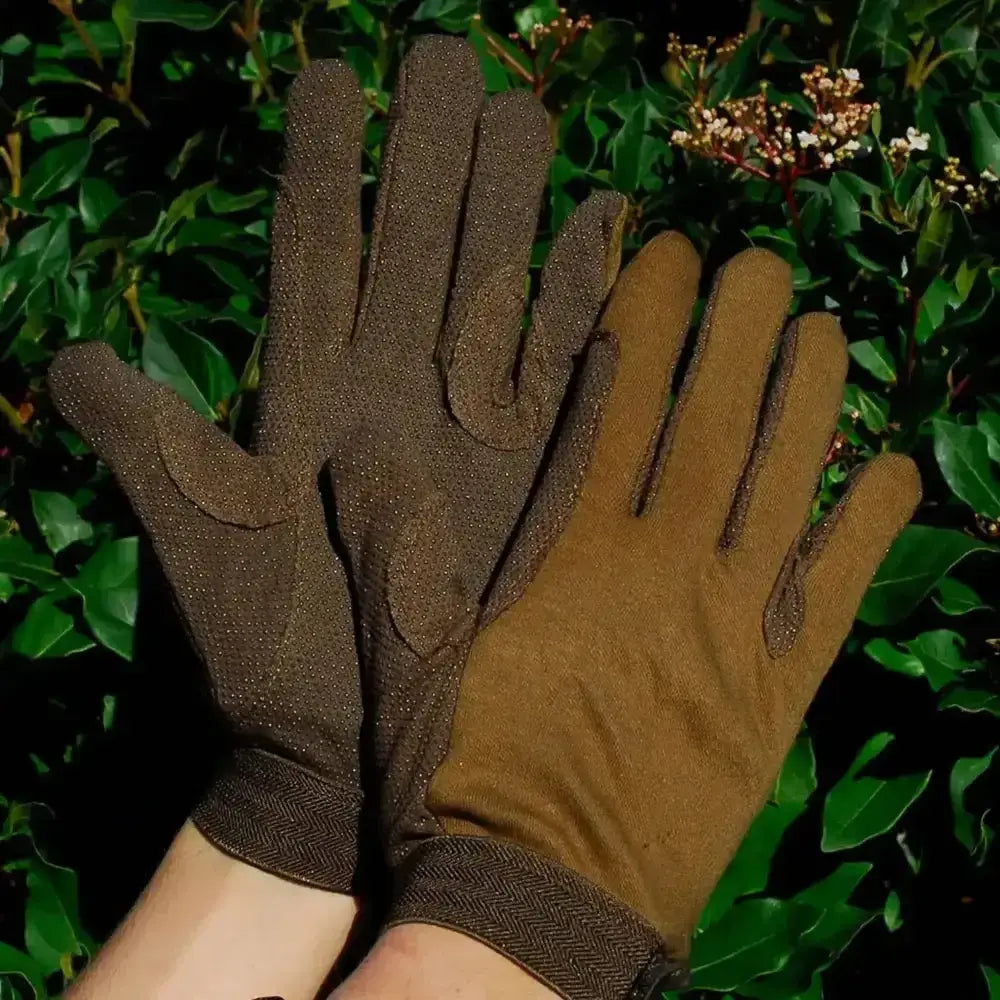 Brown rhinegold cotton pimple palm gloves with textured palms and herringbone wristband lightweight cotton gloves