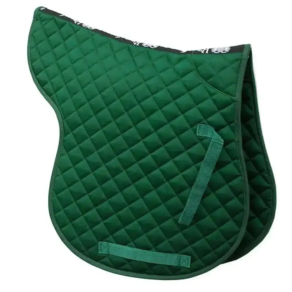 Deep green rhinegold cotton quilted gp numnah with diamond stitching and black trim featuring rhinegold branded taped edges