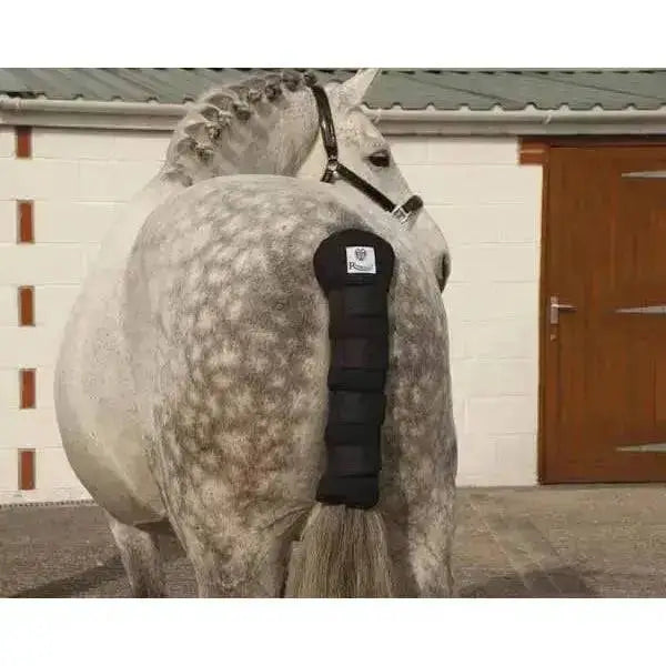 Black padded rhinegold cotton quilted tailguard with breathable quilted design and white logo patch on back side