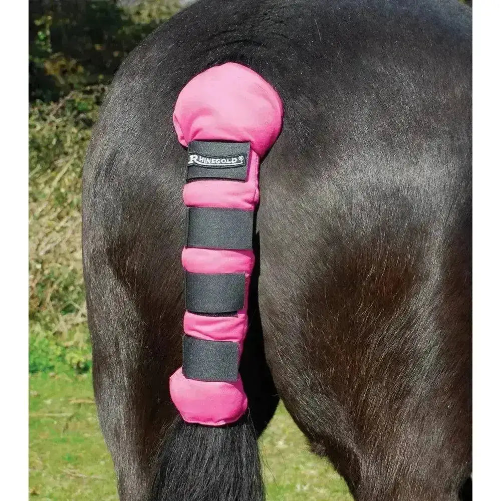 Pink rhinegold cotton quilted tailguard with breathable cotton quilted material and black elastic straps for horse tails