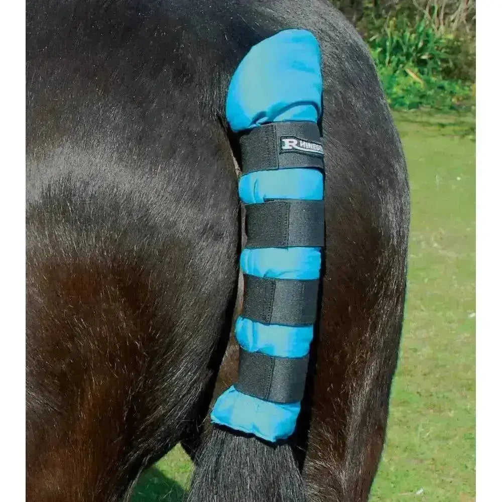 Bright blue rhinegold cotton quilted tailguard with black elastic straps and breathable quilted tailguards design