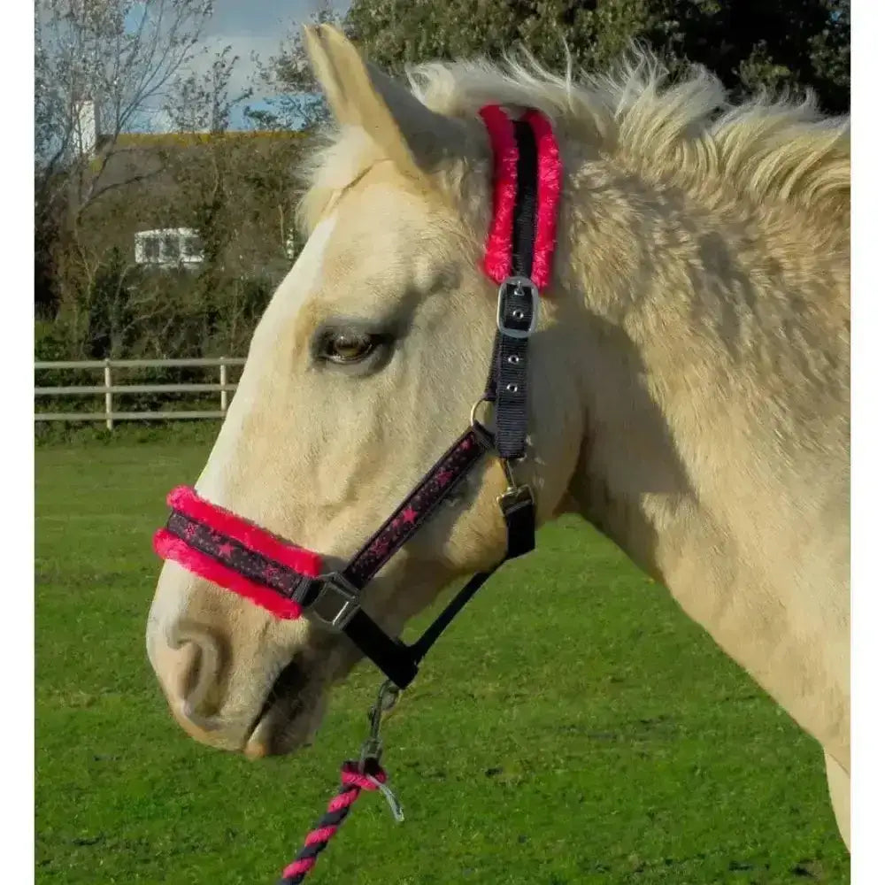Pink and black rhinegold crystal star headcollar with fuzzy trim and trigger clip throat for horses