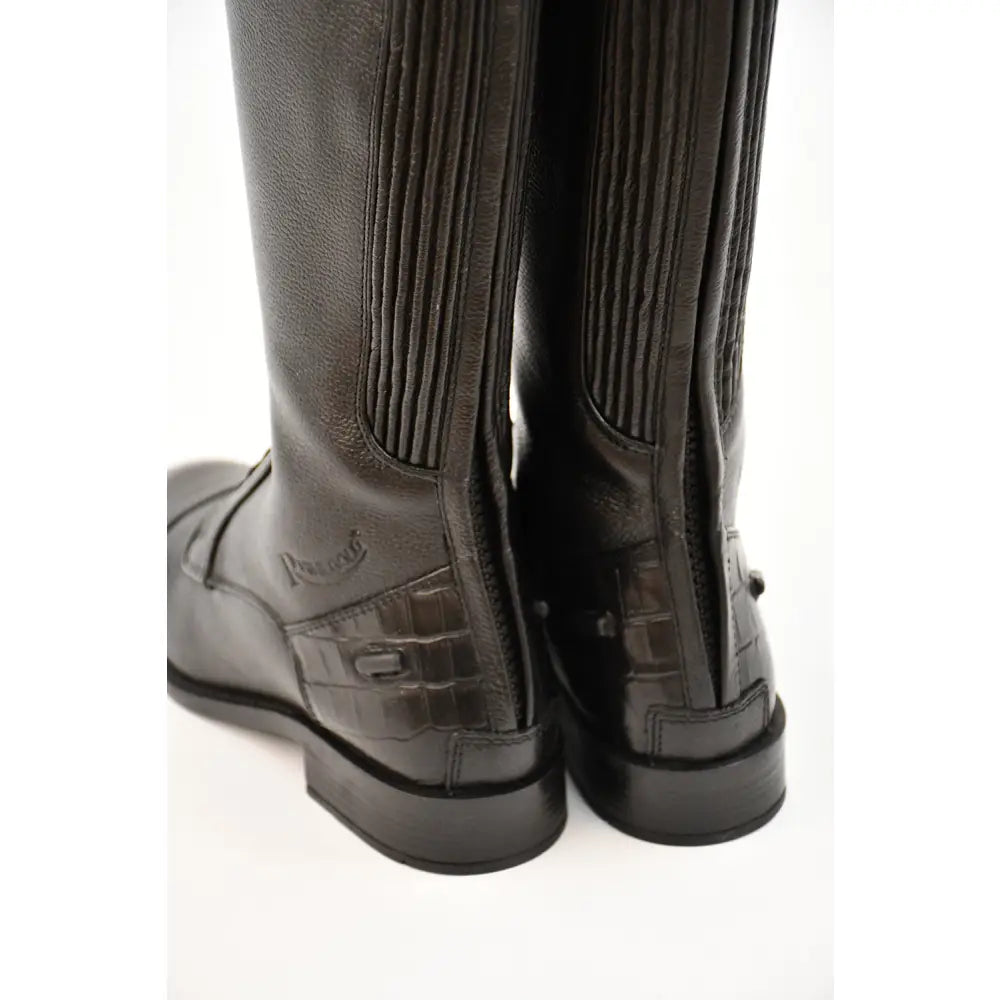 Black leather riding boots with mock croc trim and zip guard featuring textured panels and ribbed side detailing