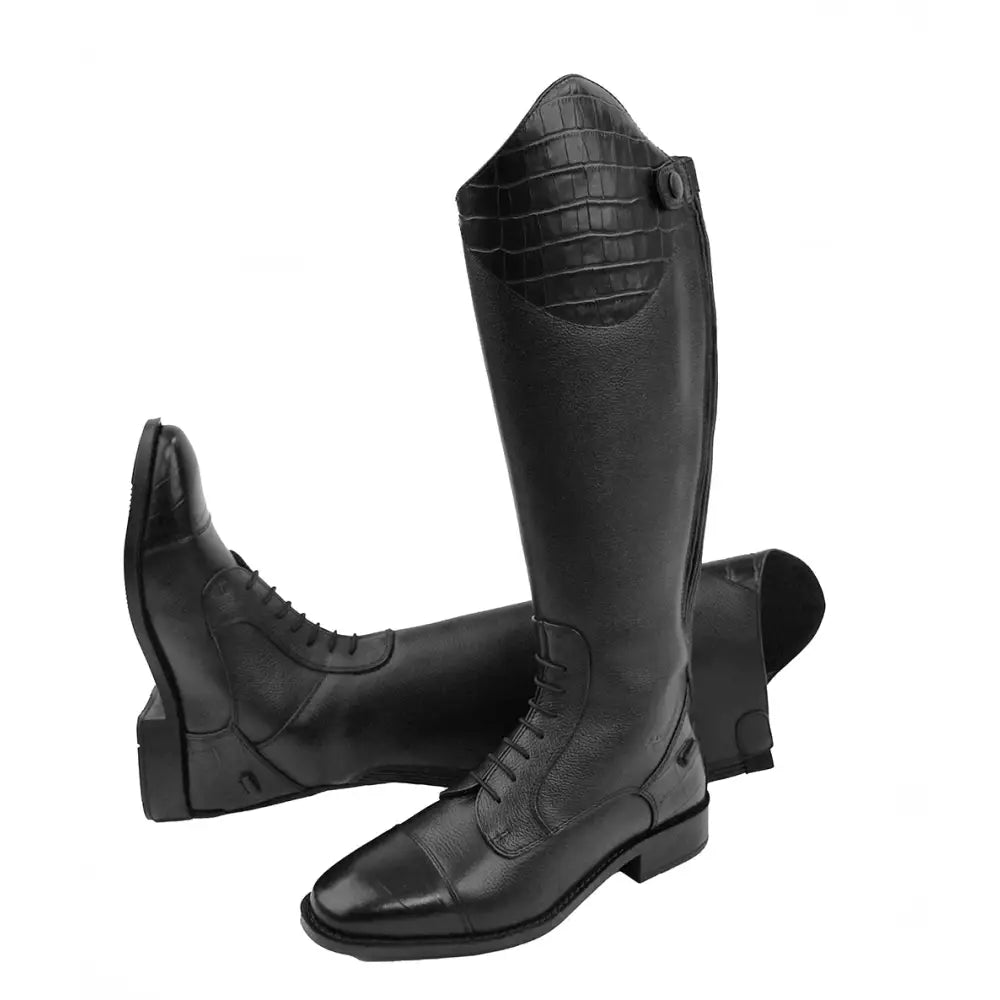 Black leather riding boots with mock croc trim and zip guard featuring laced front for extra short fit