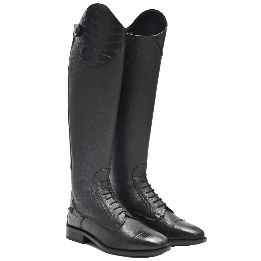 Black leather rhinegold elite luxus long riding boots with mock croc trim and classic lace-up design