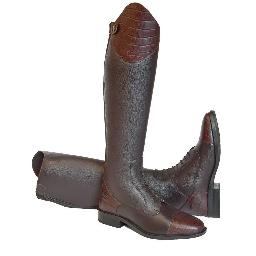 Brown leather rhinegold elite luxus long riding boots with mock croc trim laces and sturdy heel detail