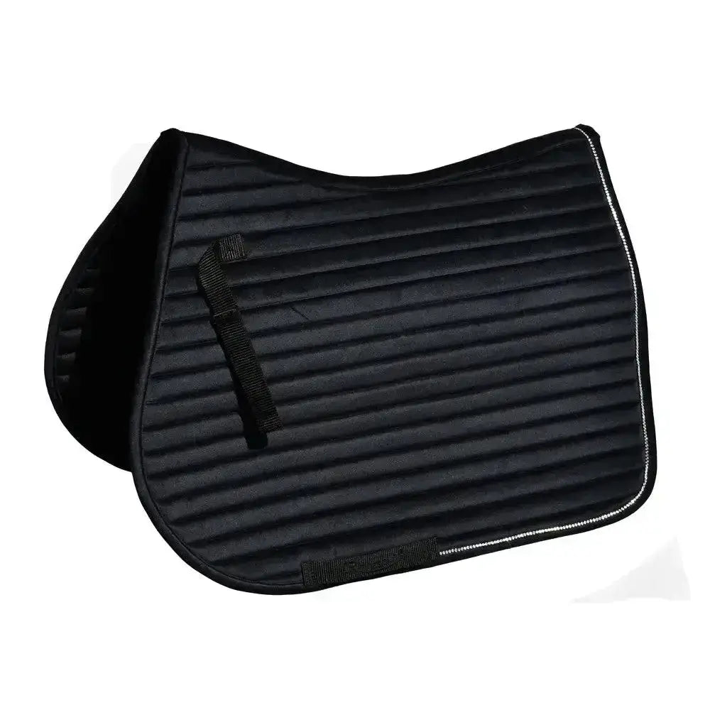 Black quilted horse saddle pad with silver stitching and strap from rhinegold diamante channel quilt collection