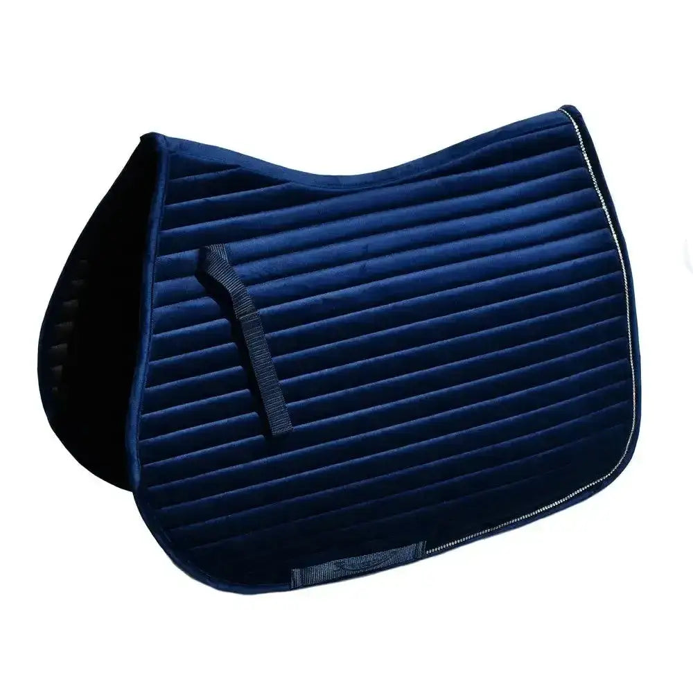 Navy blue quilted velvet luxury velvet saddle rhinegold diamante channel quilt gp saddlepad with silver stitching