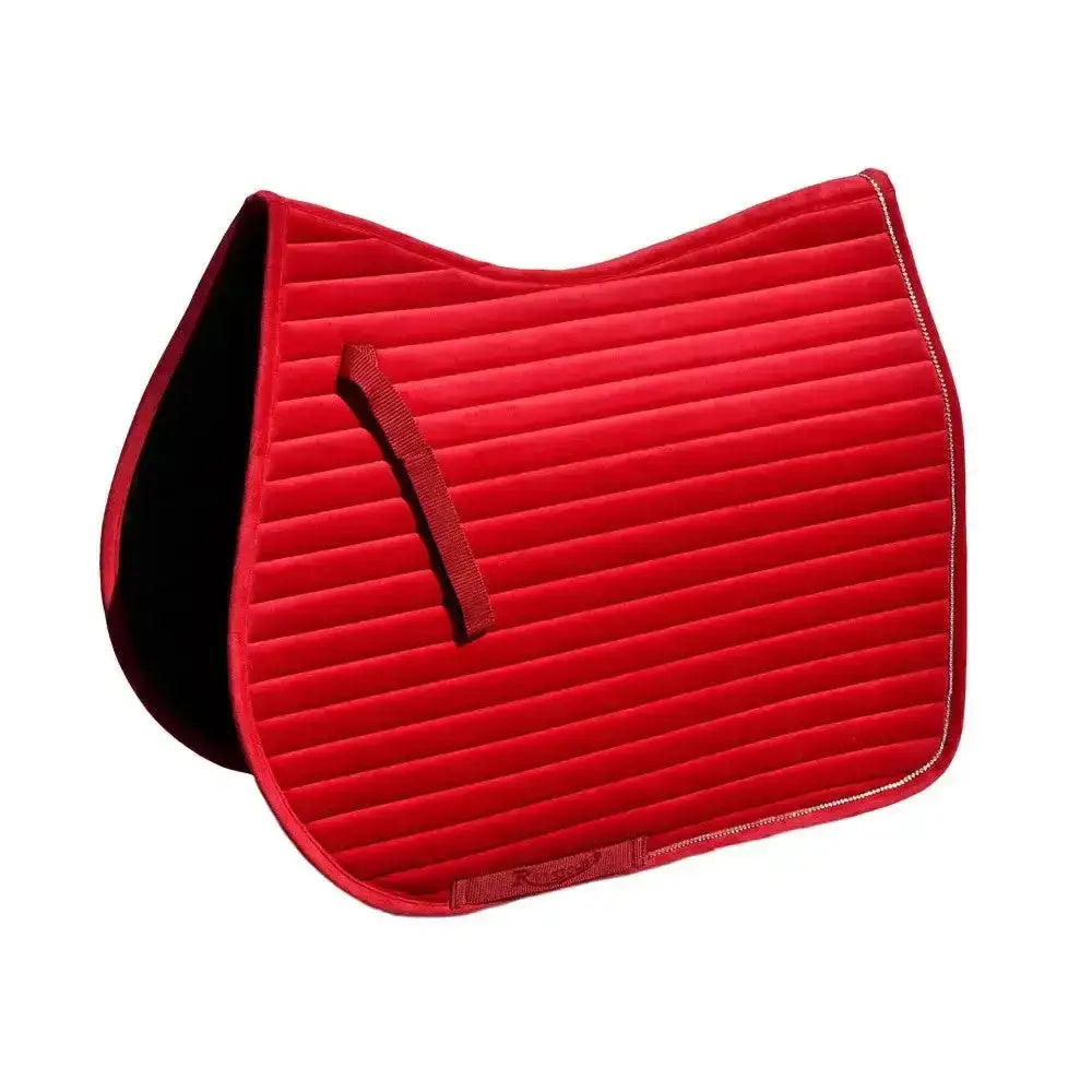 Red quilted velvet luxury velvet saddle pad with black lining and gold stitching from rhinegold diamante channel quilt range