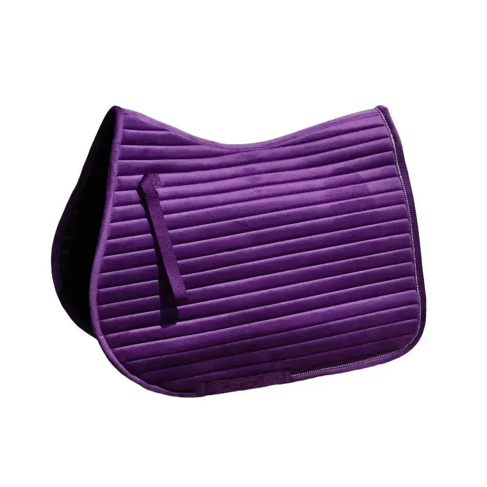 Purple luxury velvet saddle pad with black underside and strap from rhinegold diamante channel quilt collection