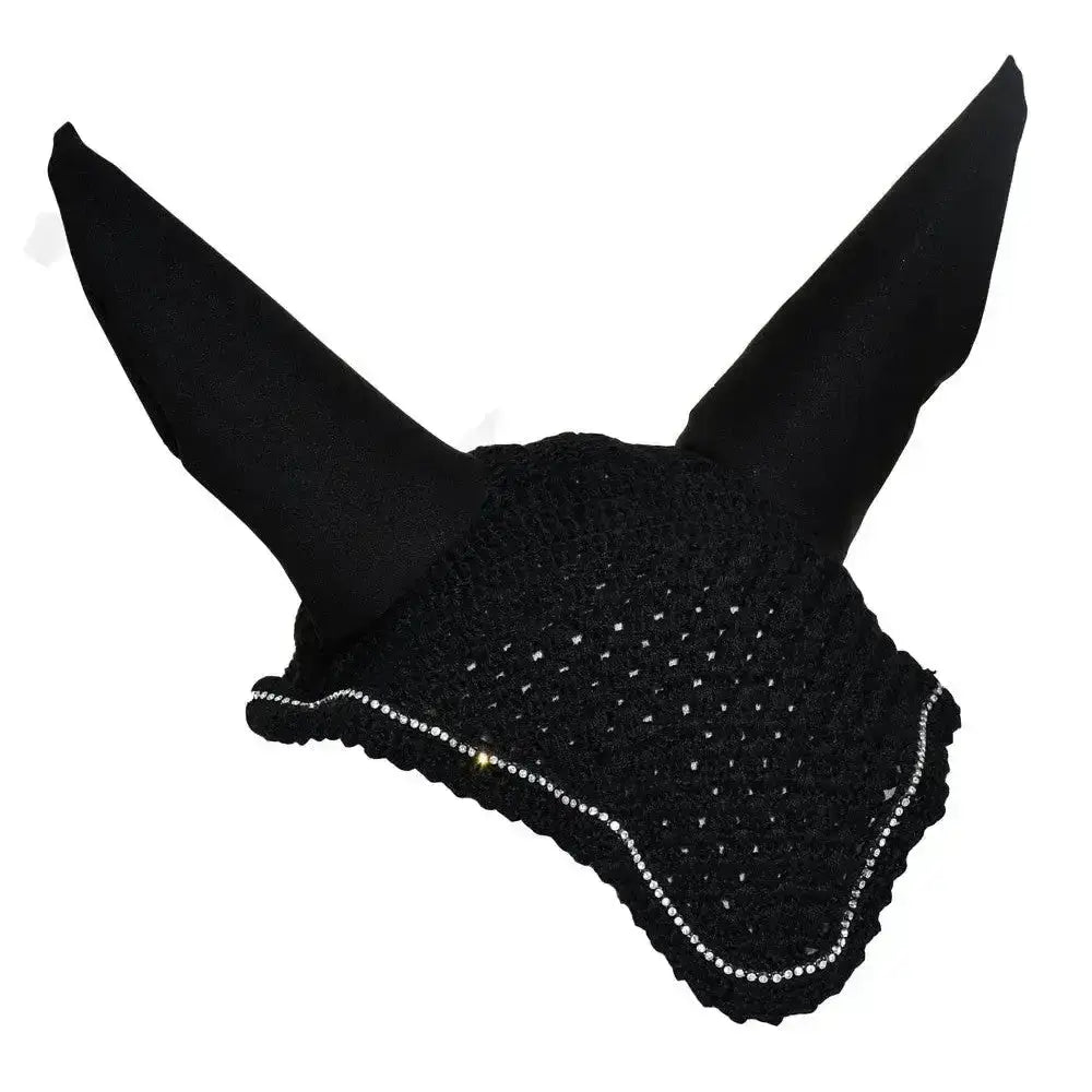 Black crocheted rhinegold diamante fly hood noise muffler with rhinestone trim for horses ears protection