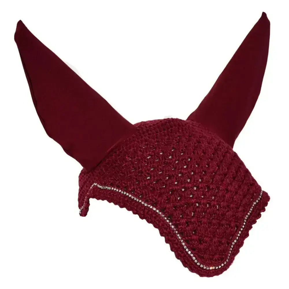 Maroon crocheted rhinegold diamante fly hood noise muffler with fabric ears and rhinestone trim for horses