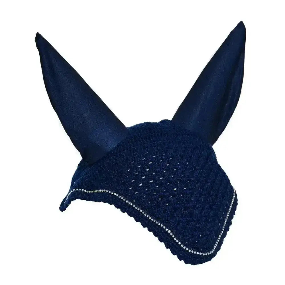 Navy blue crocheted rhinegold diamante fly hood noise muffler with satin-lined ears and beaded trim for horses