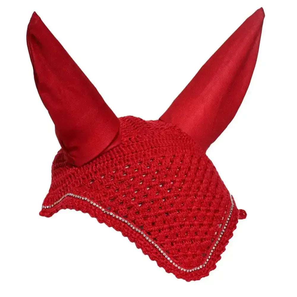 Red crocheted rhinegold diamante fly hood with satin ears and beaded trim hood noise muffler for horses