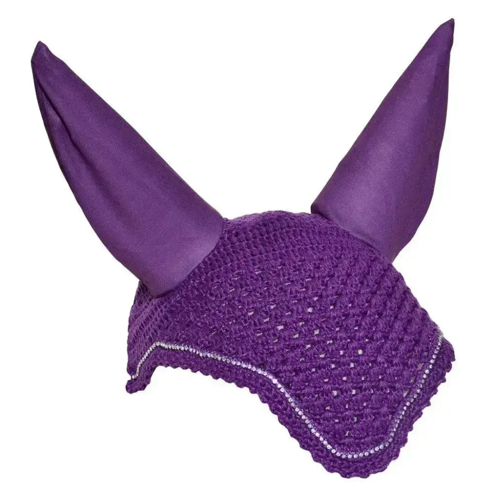 Purple rhinegold diamante fly hood with satin-finish ears and scalloped edge for noise muffler use