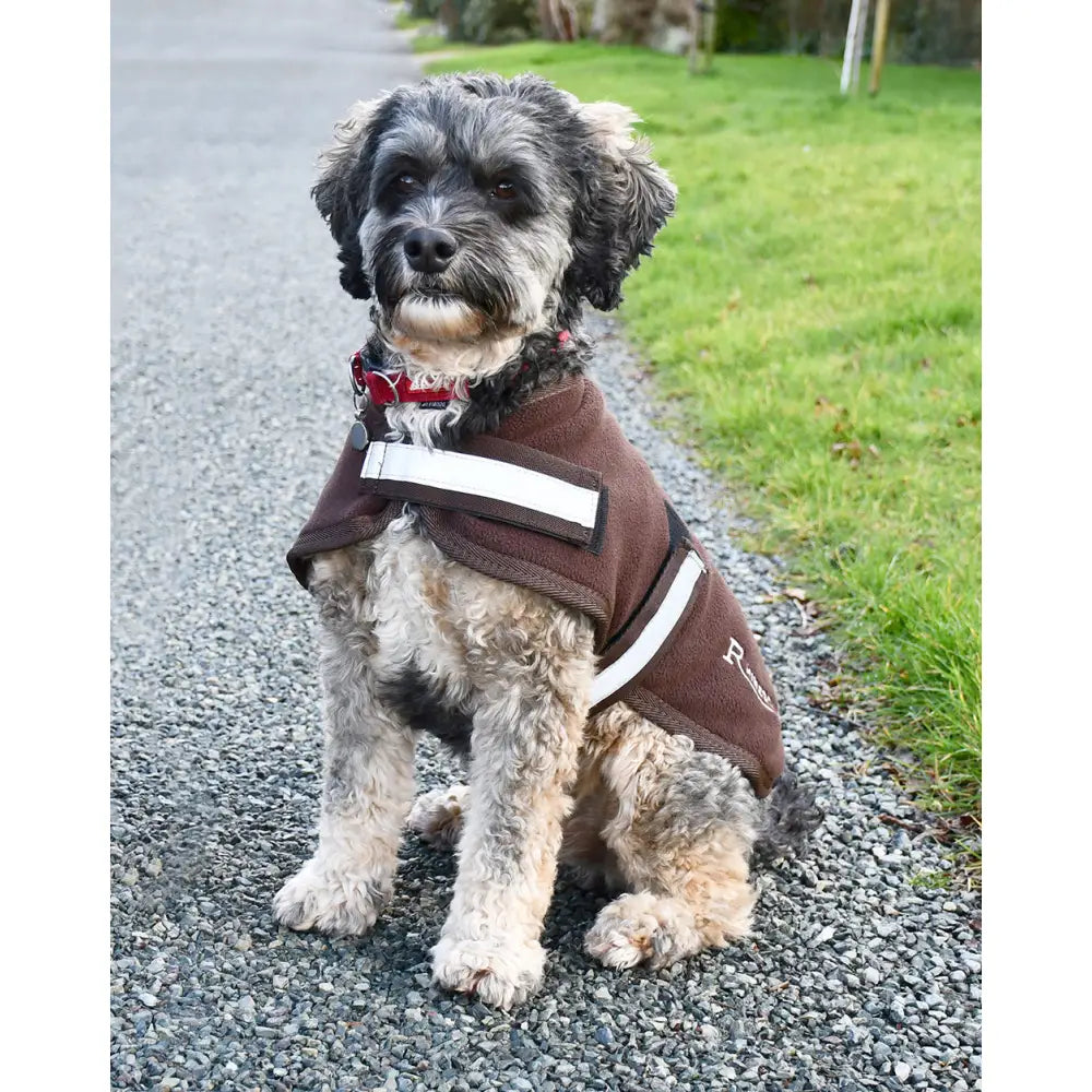 Brown reflective dog vest with white stripes and logo on the side from rhinegold dog fleece collection