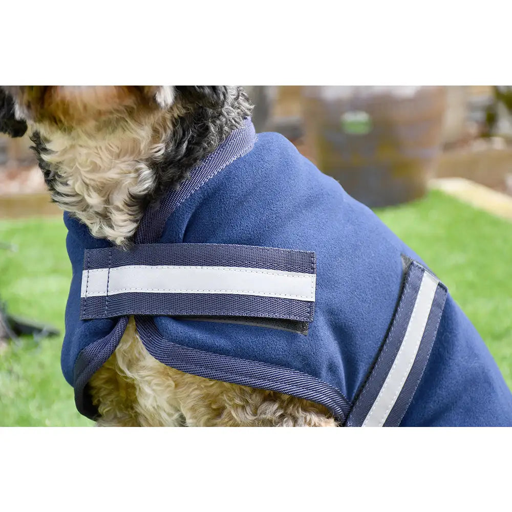 Navy blue rhinegold dog fleece coat with reflective white stripes and reinforced fabric straps for outdoor use