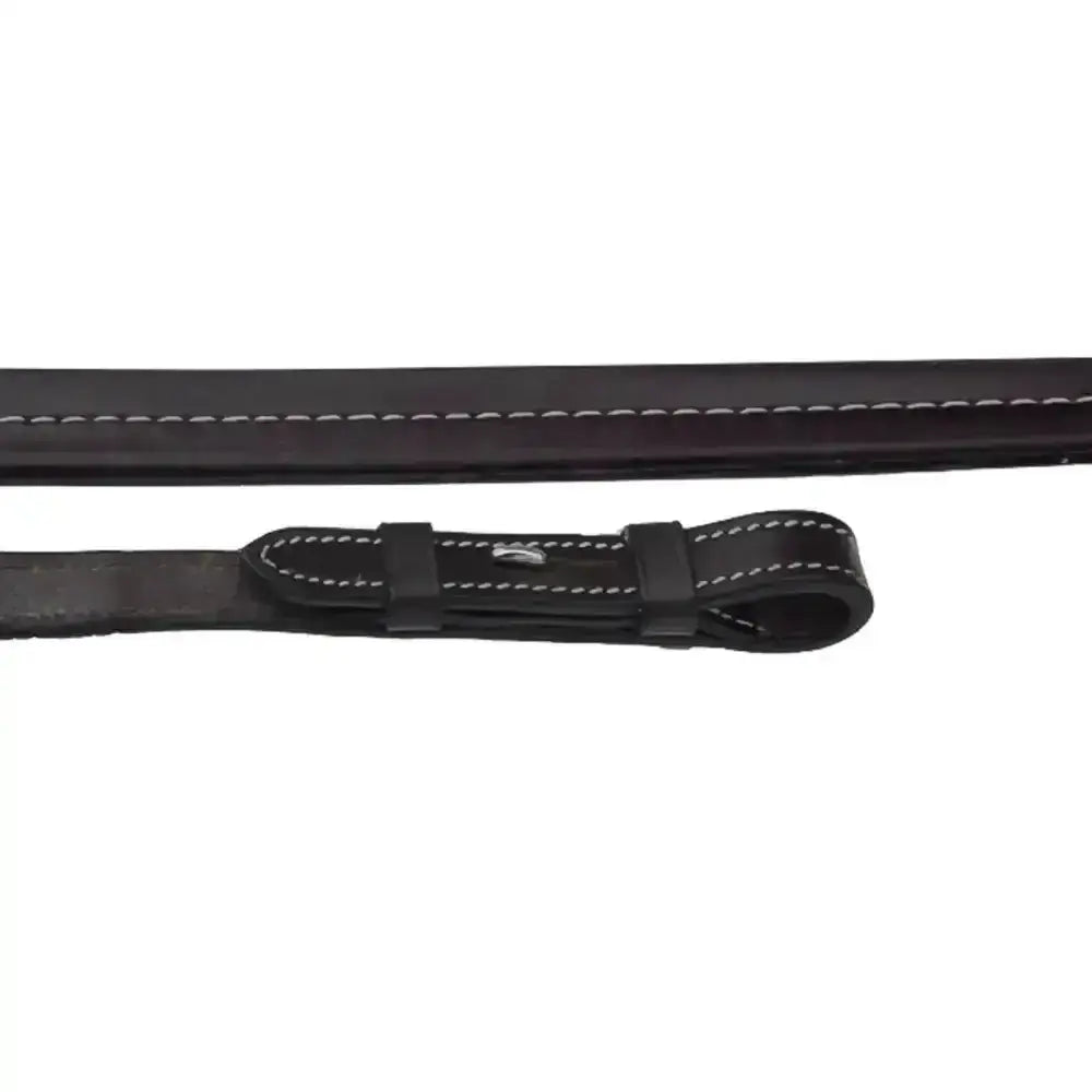 Black leather rhinegold elegance german leather smooth finish rubber reins with white stitching and metal buckle
