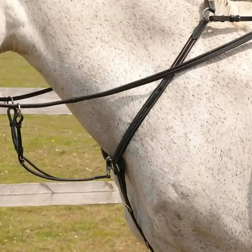 Black leather horse bridle with silver hardware from rhinegold elegance stitched breastplate collection