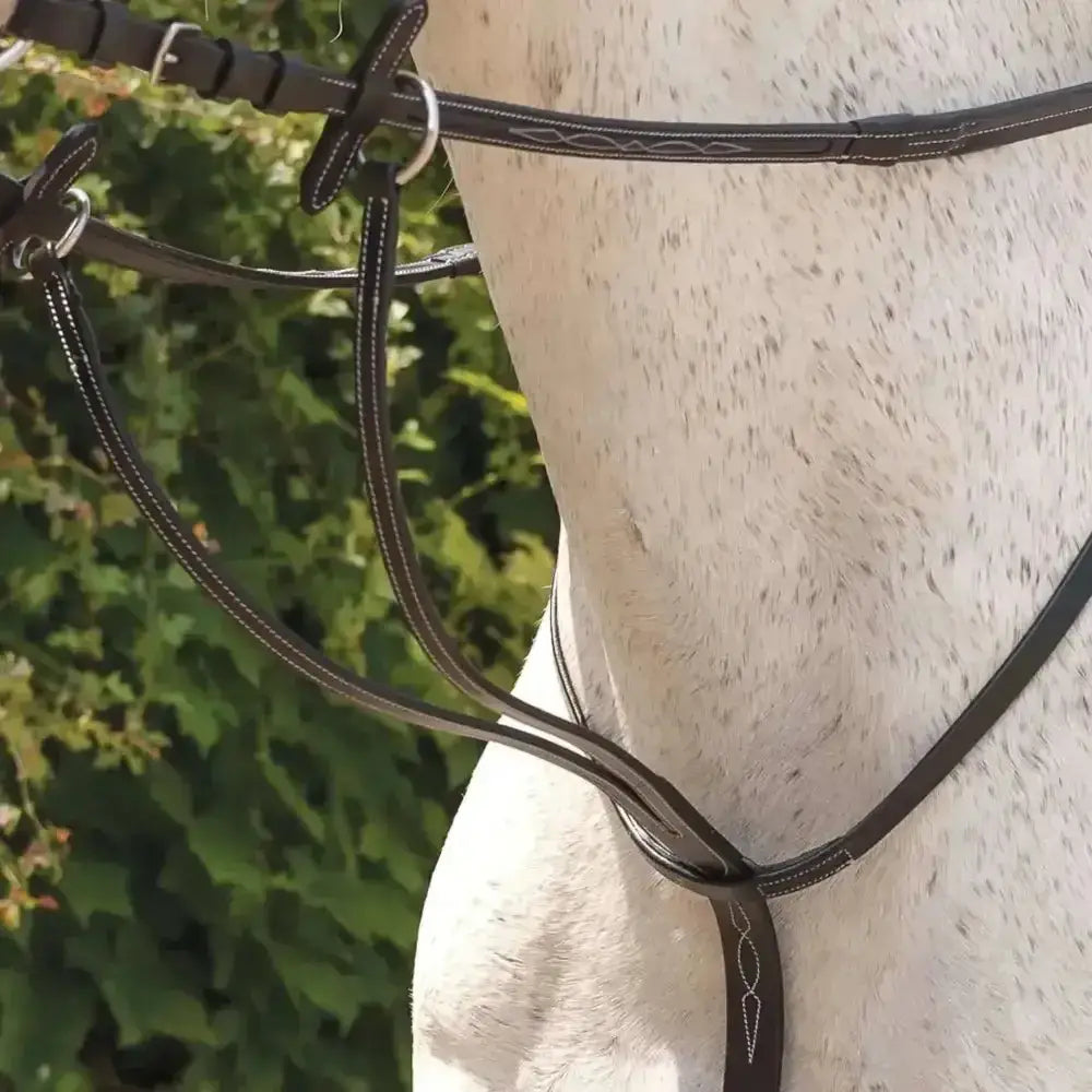 Black leather rhinegold elegance stitched running martingale with white stitching and silver hardware for horses
