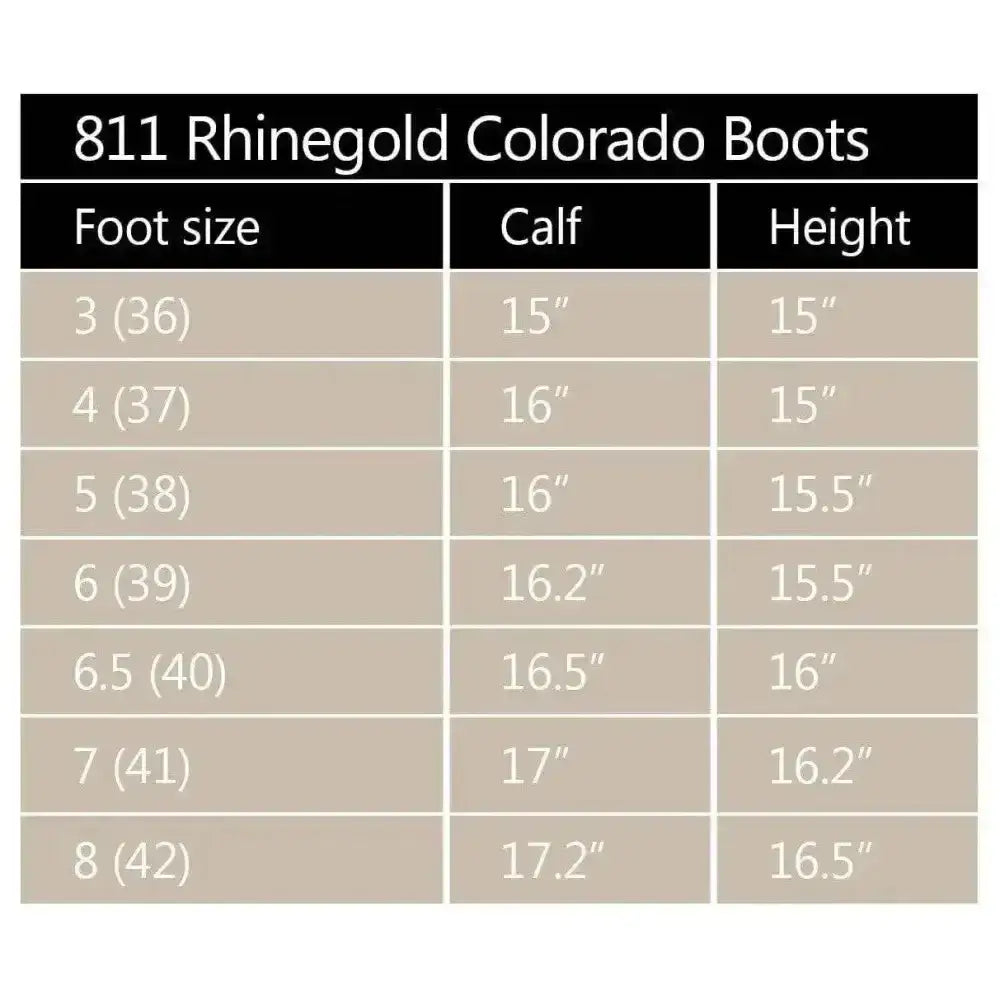 Size chart for rhinegold elite colorado leather country boots showing foot measurements from size 3 to 8