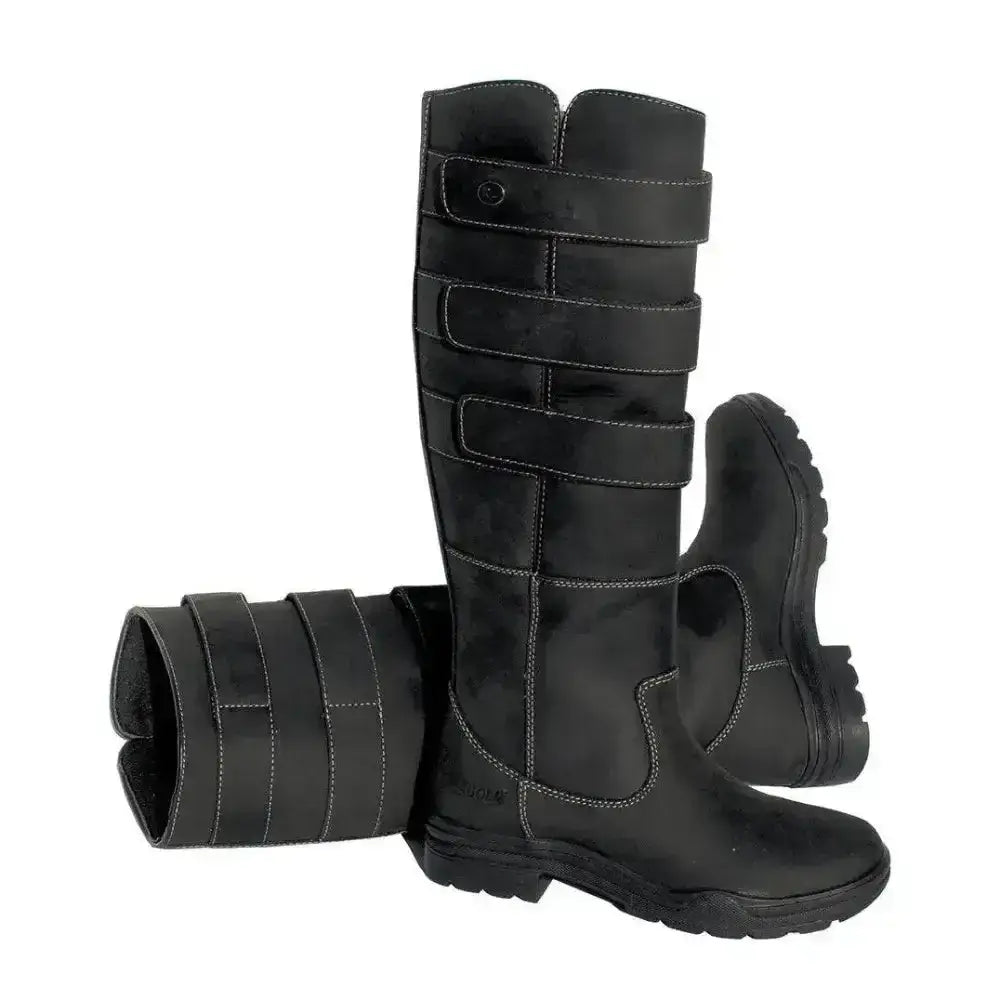 Black leather rhinegold elite colorado riding boots with multiple adjustable straps and white stitching