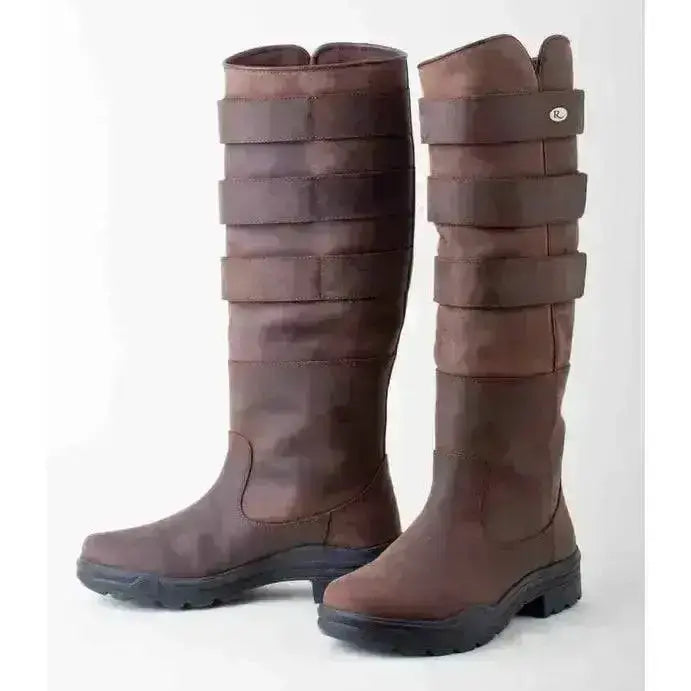 Brown rhinegold elite colorado leather country boots with multiple straps and sturdy black sole for riding use
