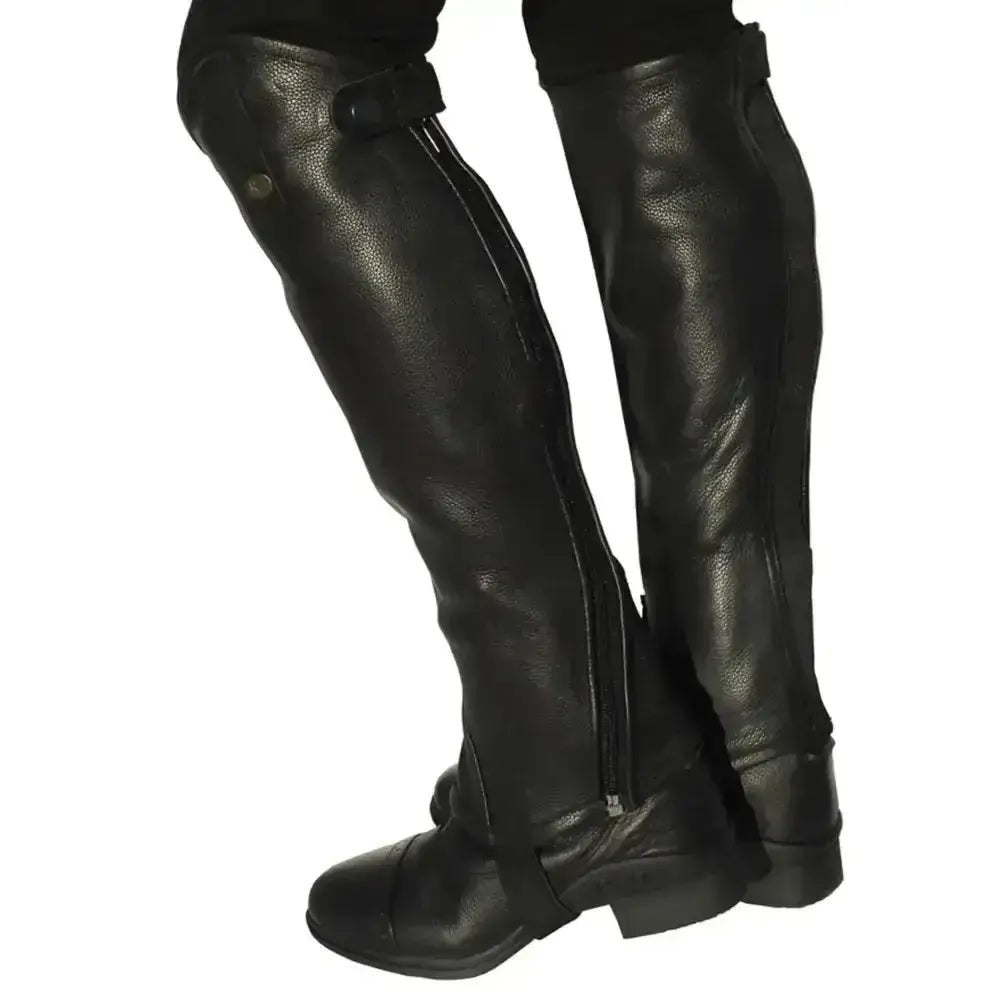 Black leather rhinegold elite curved zip riding boots with side zipper and button closure at the top