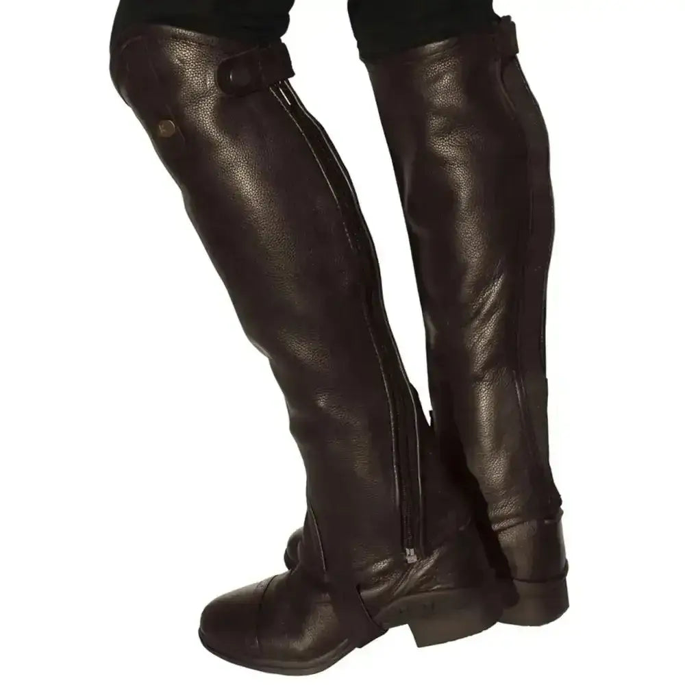 Dark brown rhinegold elite curved zip leather gaiters with side zipper and top button closure for riding boots