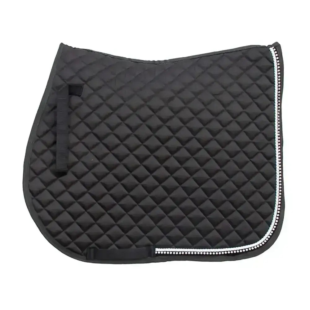 Black quilted horse saddle pad with diamond stitching and white beaded trim rhinegold elite diamante saddle cloth