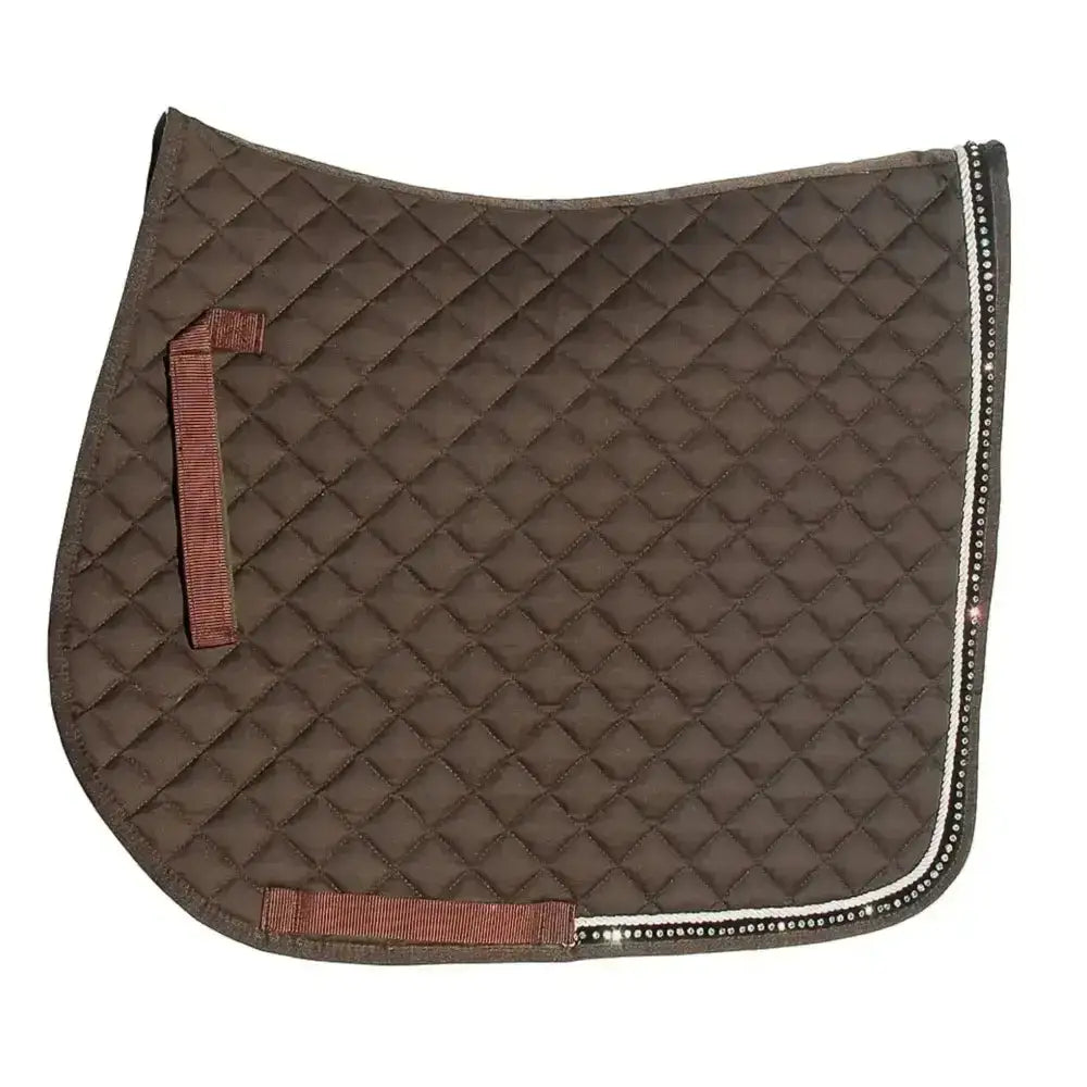 Brown quilted rhinegold elite diamante saddle cloth with silver rhinestone trim and reddish-brown straps for securing