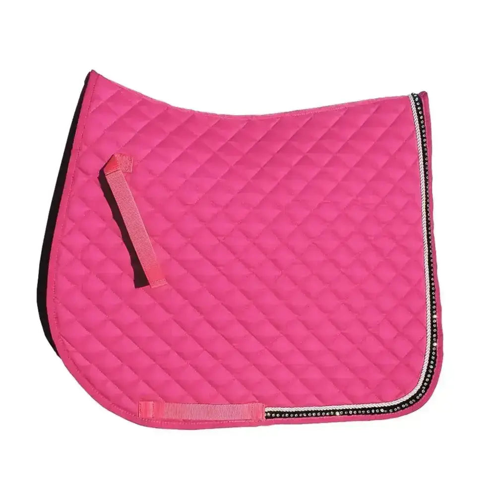Bright pink rhinegold elite diamante quilted saddle cloth with black trim and sparkling rhinestone edging