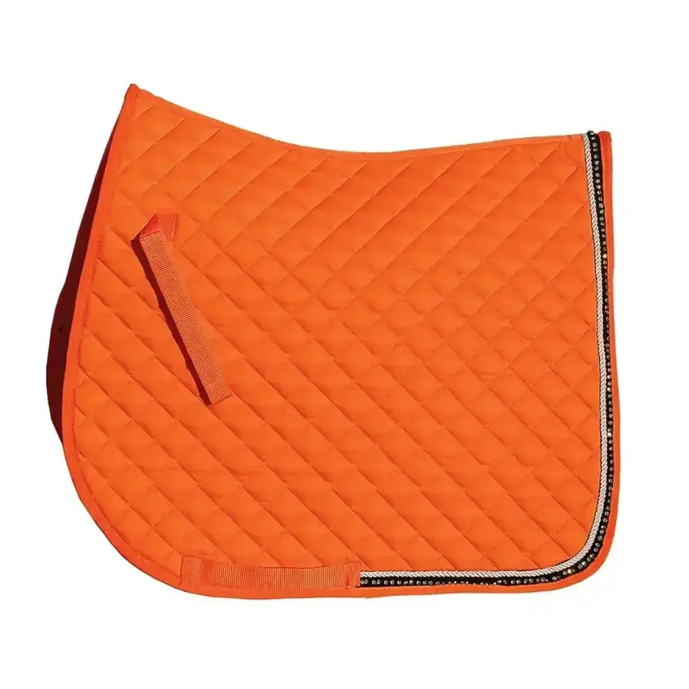 Bright orange rhinegold elite diamante quilted saddle cloth with black silver beads and attached handle
