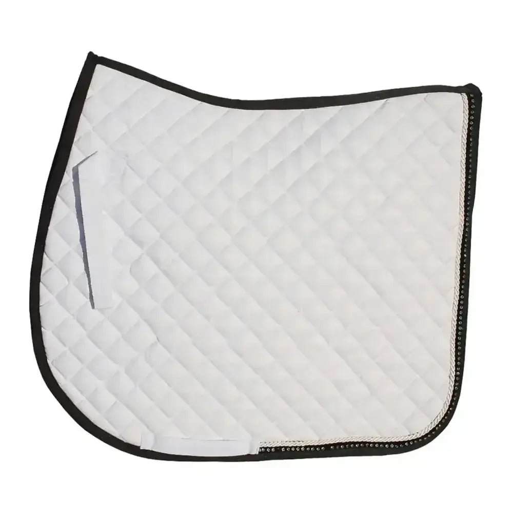 White quilted rhinegold elite diamante saddle cloth with black trim and subtle gray logo on the side
