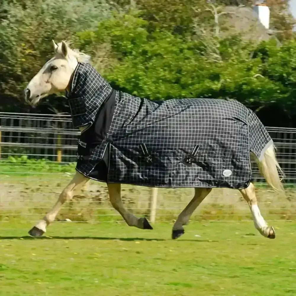 Black and white checkered rhinegold elite neck montpelier turnout rug with hood reinforced stitching and adjustable straps
