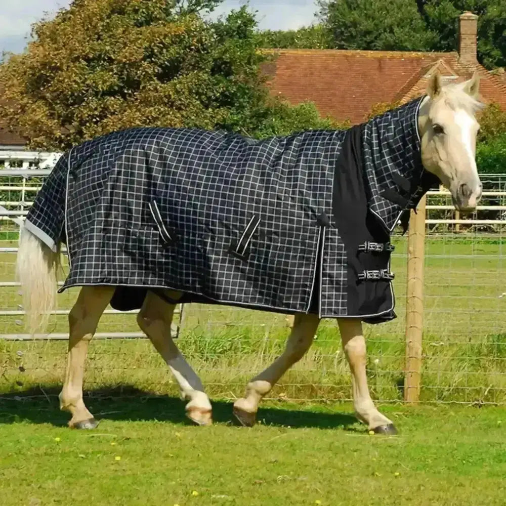 Black and white checkered rhinegold elite full neck montpelier lightweight 100g weight turnout rug with silver buckles