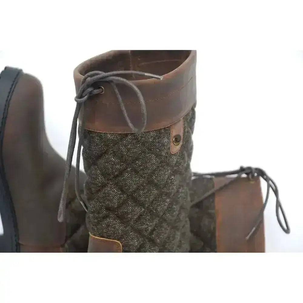 Dark olive green quilted rhinegold elite georgia tweed leather boot with brown leather accents and weatherproof tweed leg