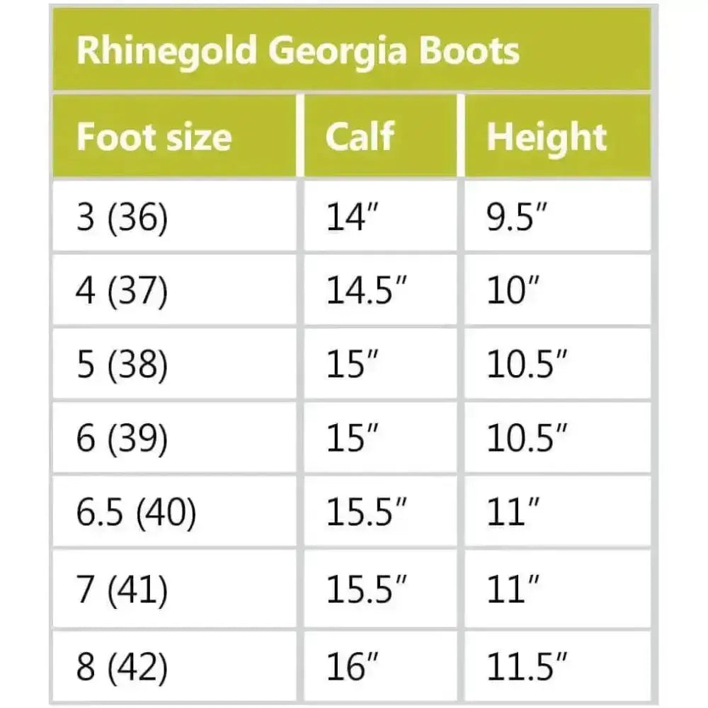 Rhinogold elite georgia tweed leather country boots size chart showing foot size calf circumference and boot height measurements