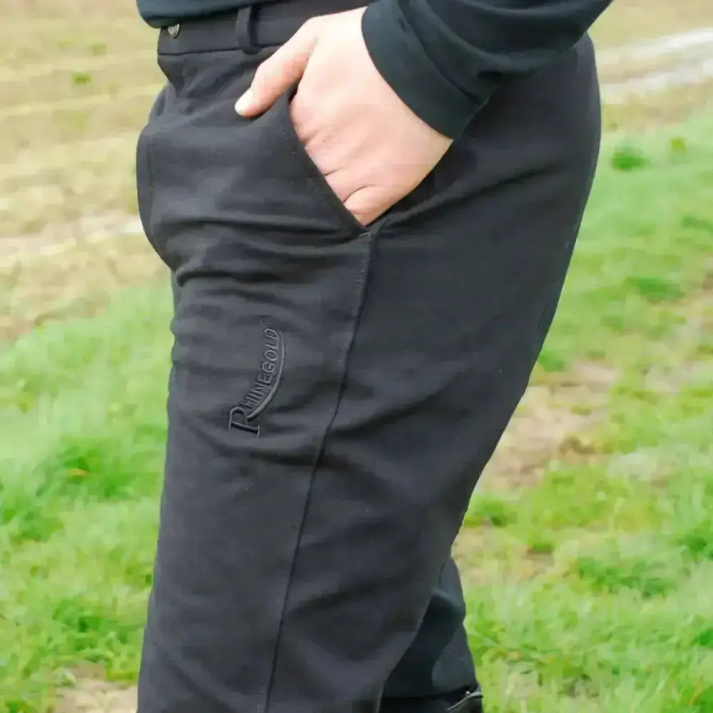 Black rhinegold elite mens thermal breeches with subtle texture and embroidered logo on thigh super soft lined breeches