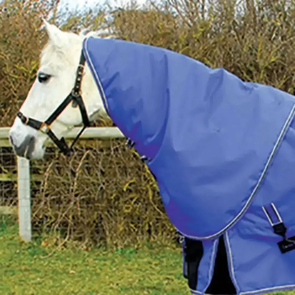 Blue horse hood with black trim and adjustable straps from rhinegold elite storm outdoor rug with waterproof stretch chest panel
