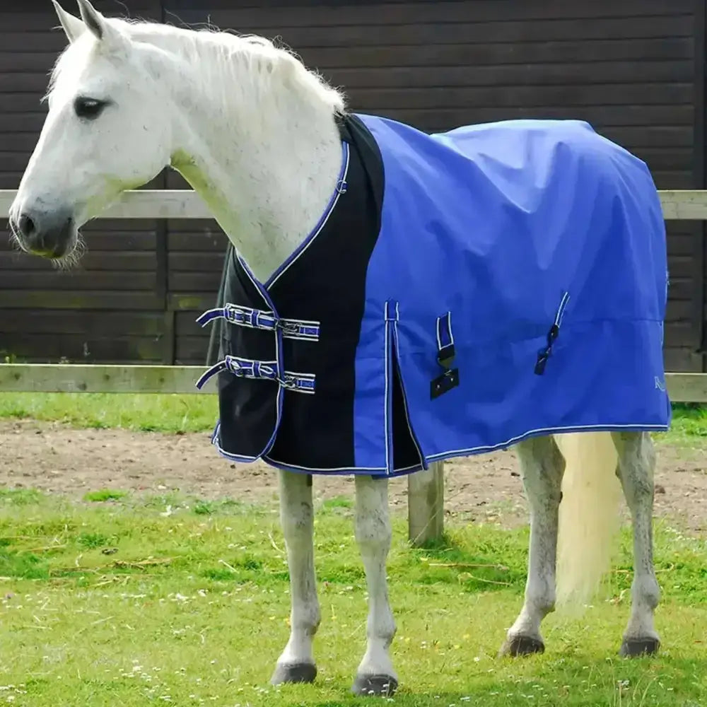 Blue and black rhinegold elite storm horse blanket with blue trim and waterproof stretch chest panel straps