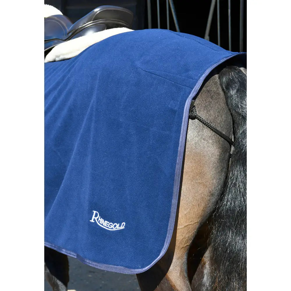 Royal blue plush rhinegold fixed chest fleece horse blanket with subtle embroidered logo for equestrian use