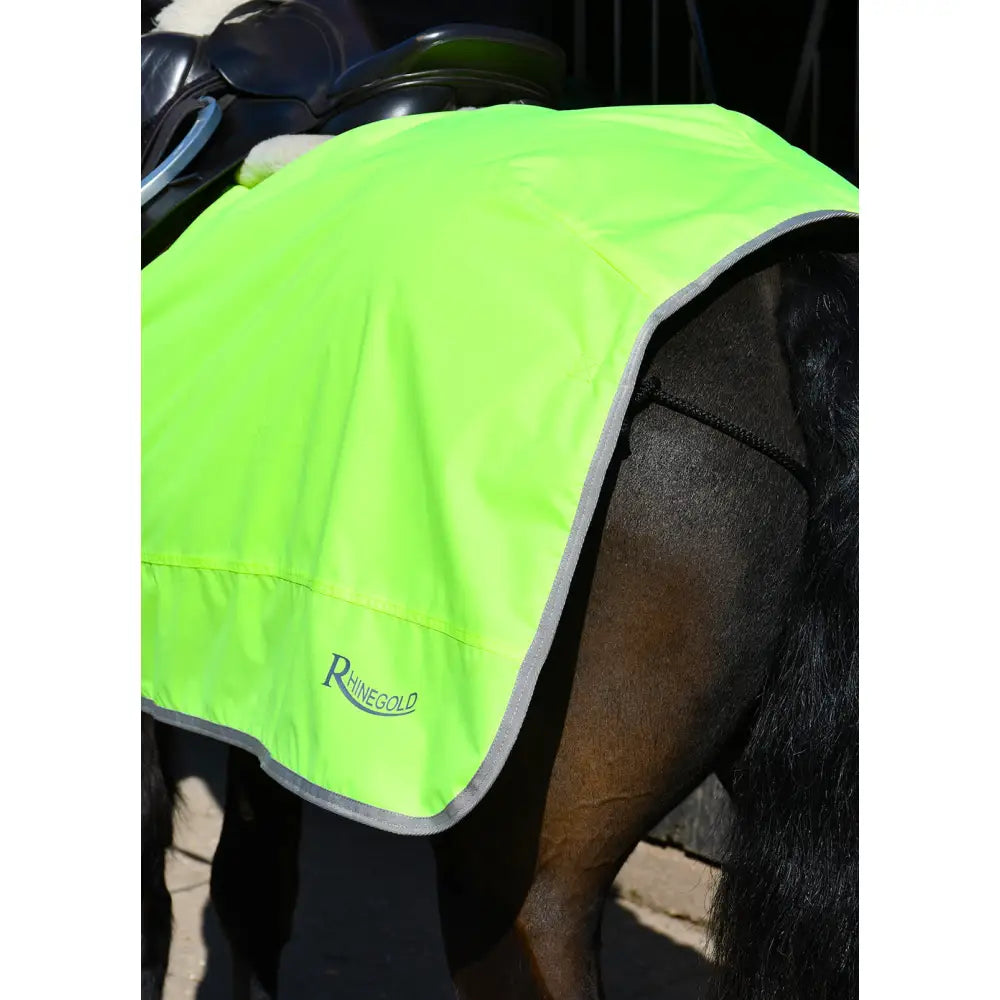 Bright neon green rhinegold fixed chest waterproof ride on rug with gray trim and rhinogold logo
