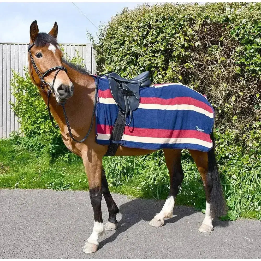 Brown horse wearing a navy blue red and white striped soft fleece rhinegold ride-on exercise rug with black tack