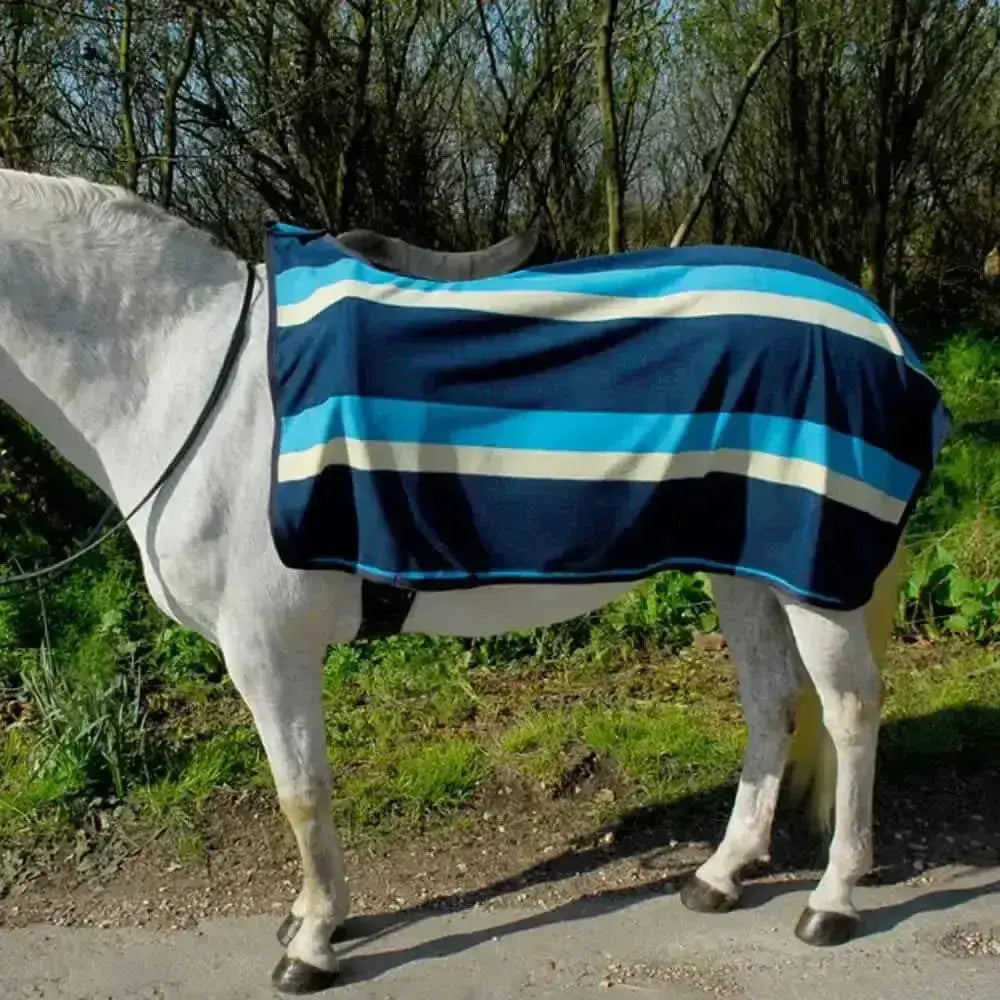 Blue and white striped soft fleece rhinegold ride-on exercise rug with black saddle pad underneath