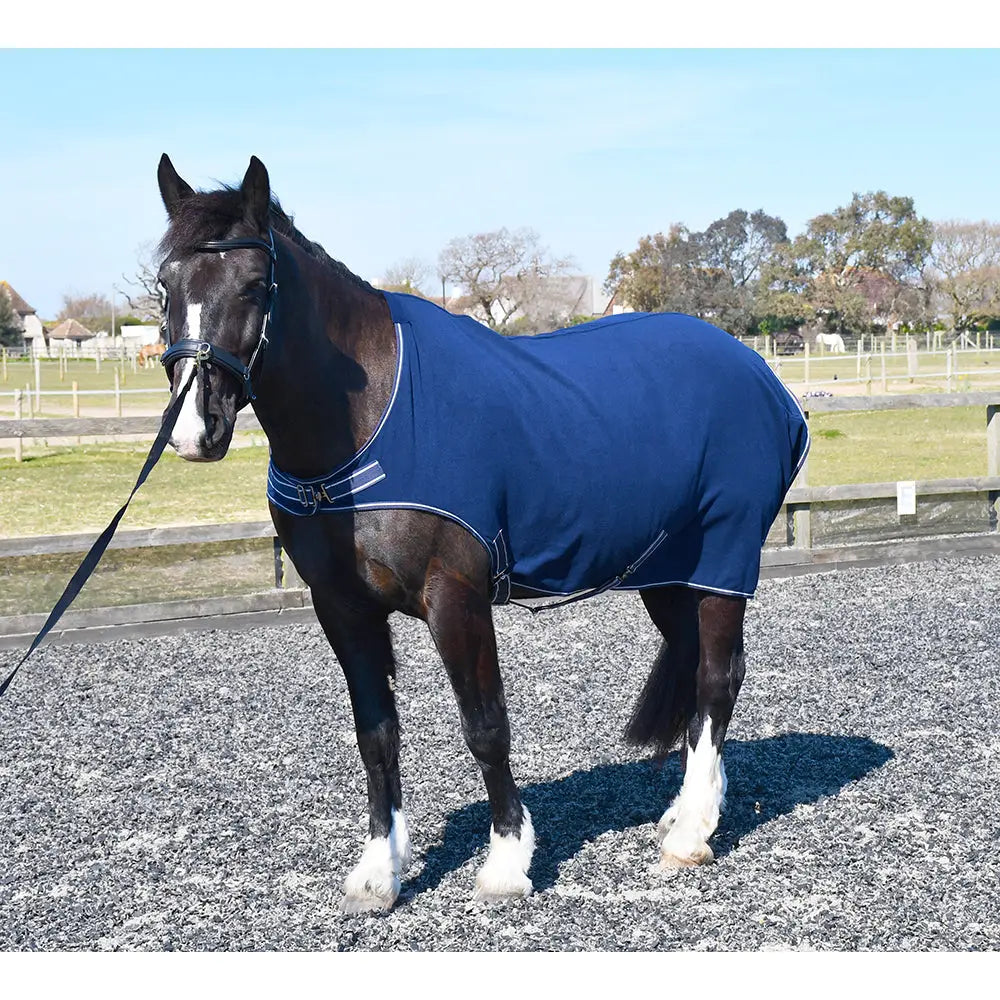 Navy blue rhinegold fleece horsewalker with white trim and adjustable straps handy horse rug for horse walker rugs