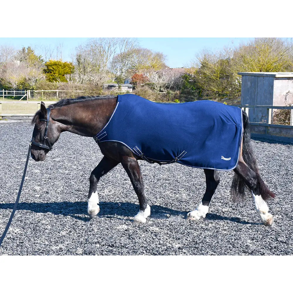 Navy blue rhinegold fleece horsewalker with white trim and adjustable straps handy horse rug for horse walker rugs