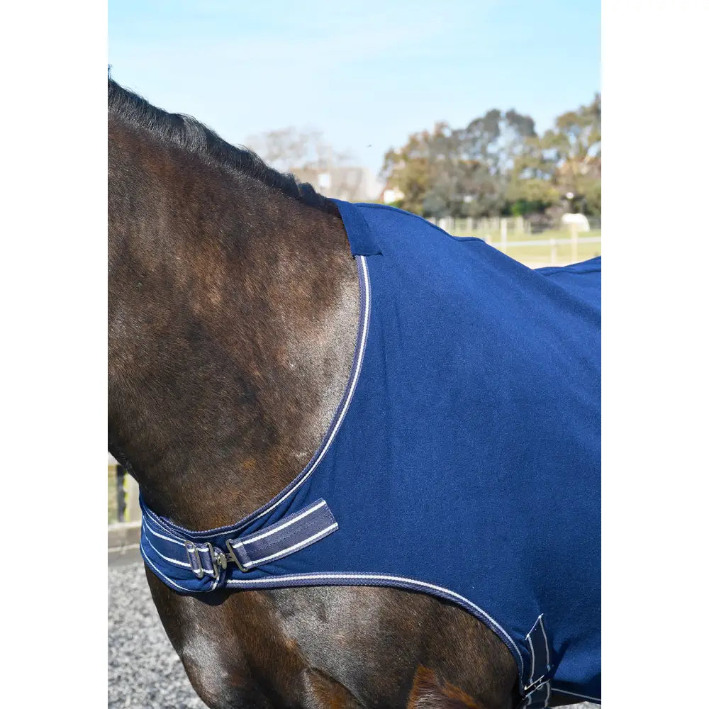 Navy blue rhinegold fleece horsewalker with white trim and adjustable straps handy horse rug for walking
